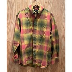 Vintage Ike Behar Plaid Shirt Ombre Multicolor Green Yellow Red Men's Large